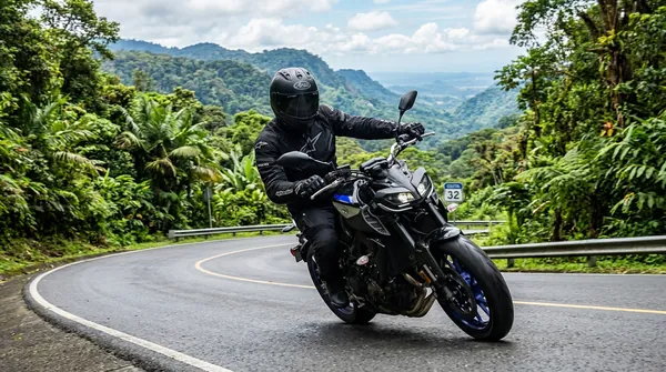 Motociclista en una curva de montaña